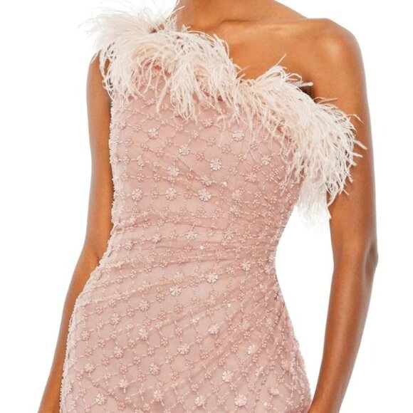Mac Duggal 68139 Floral Sequin Ostrich Feather One-Shoulder Sheath Gown Size 4 - Picture 2 of 8